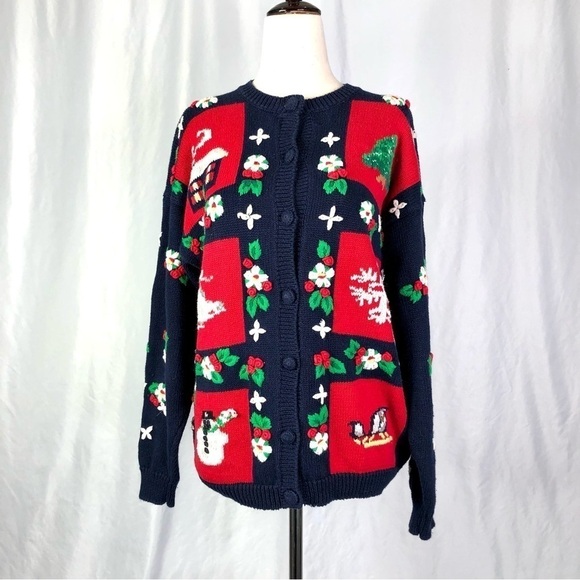 Vintage early 90s Christmas sweater intarsia embroidered navy red white scenic M - Picture 1 of 10
